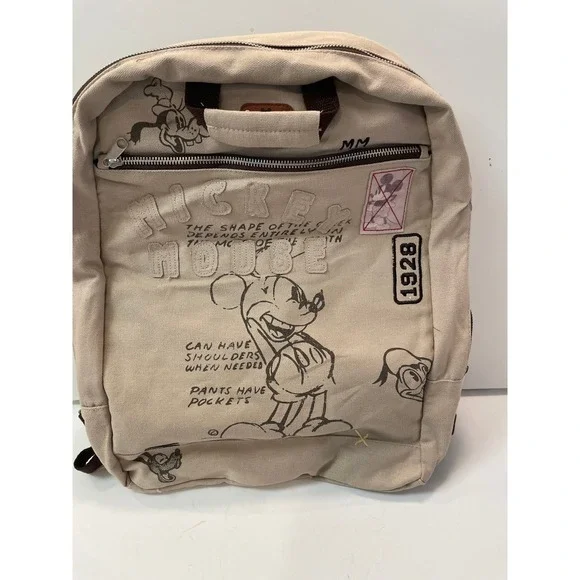 NWT Disney Mickey Mouse 1928 Canvas Backpack Kids Beige Brown Travel Bag - Picture 1 of 3